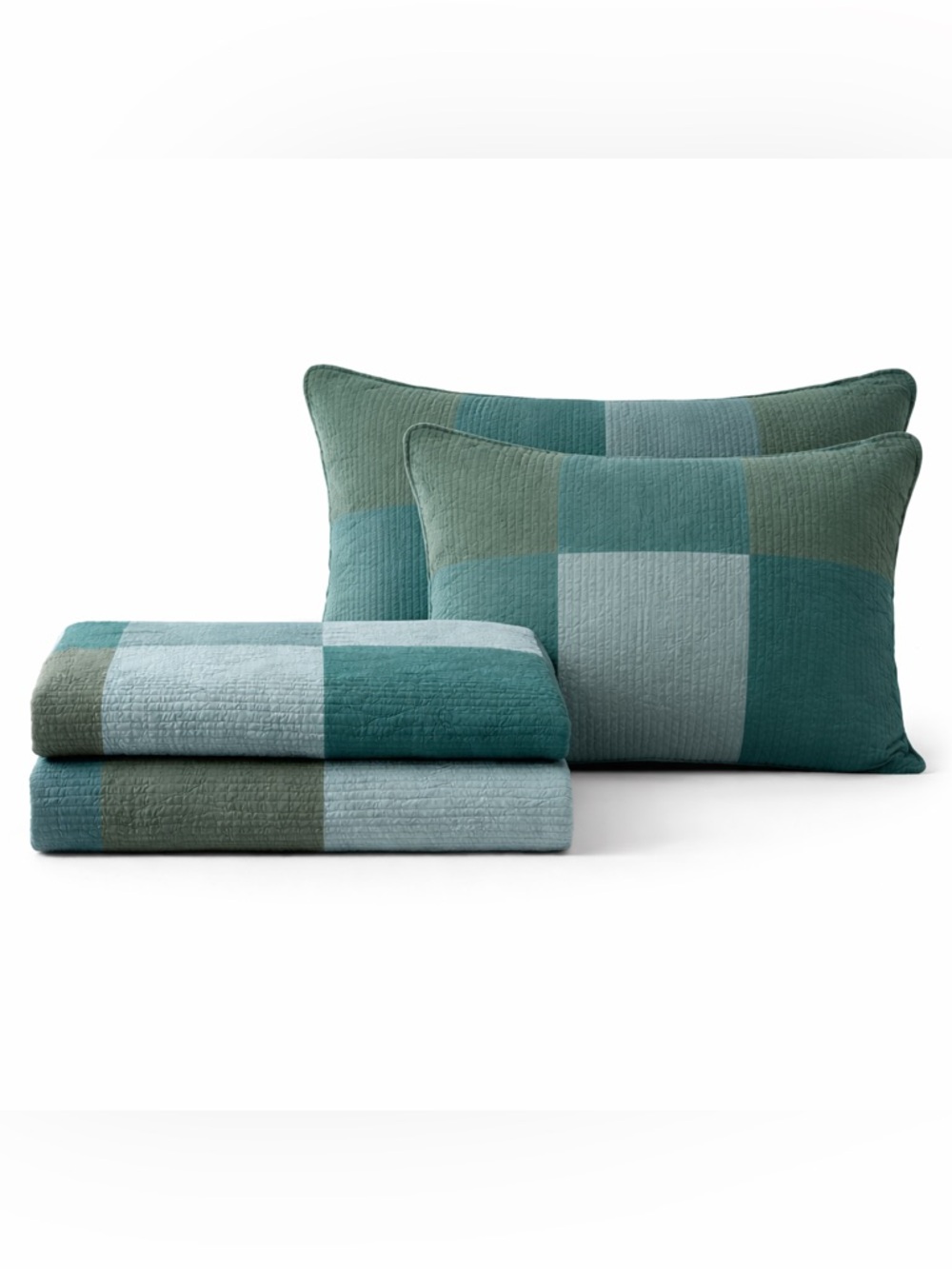 King Teal Aqua Quilt Set Patchwork Color Block Reversible w 2 King Shams Coastal - Picture 2 of 4